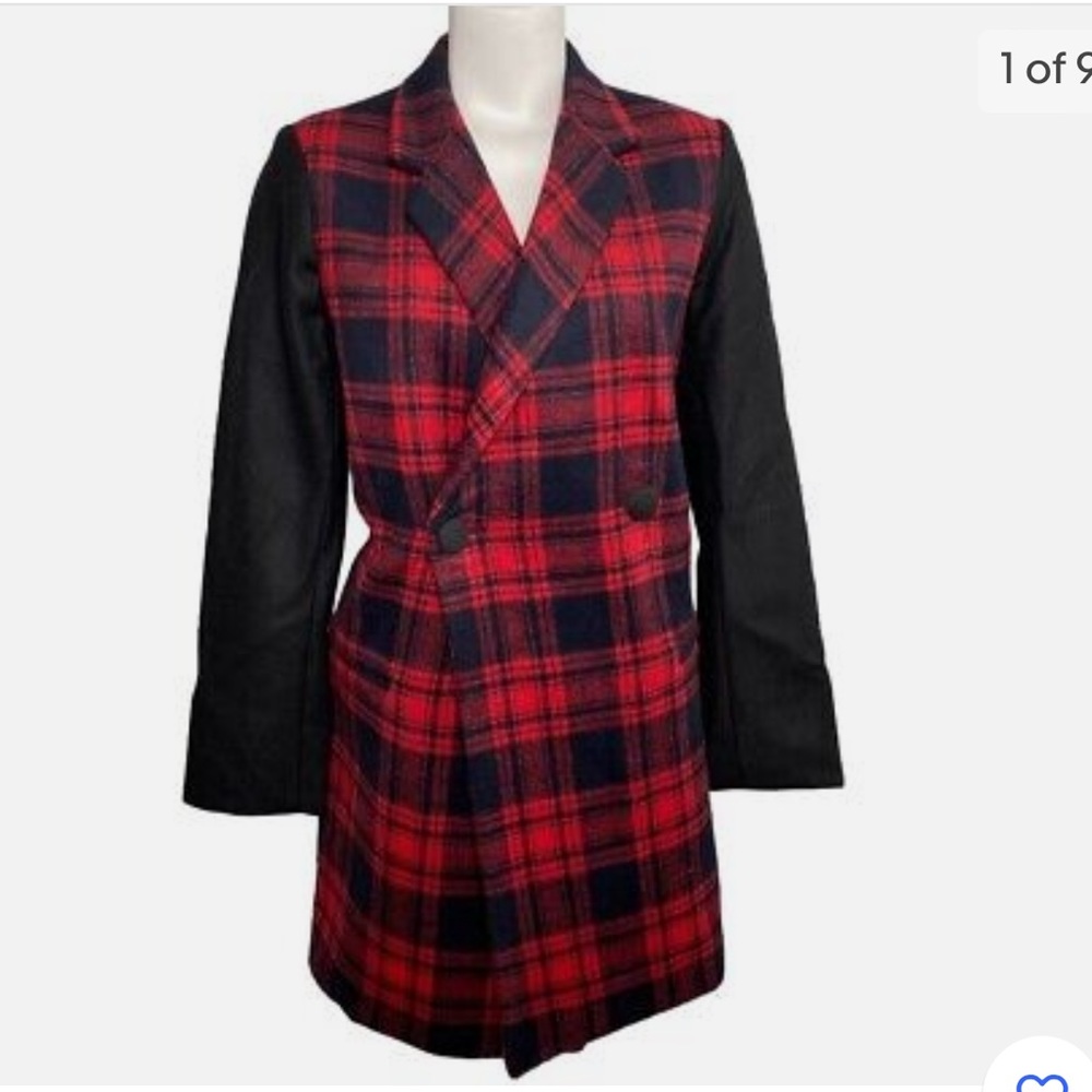 GAP Double-Breasted Peacoat Women's SMALL Black Red Buffalo Plaid Pockets NEW